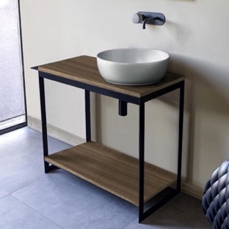 Console Bathroom Vanity Console Sink Vanity With Ceramic Vessel Sink and Natural Brown Oak Shelf, 35